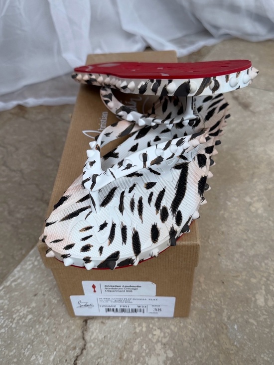 Christian Louboutin Shoes - Christian Louboutin White & Black Animal Print Studded Donna Loubi Flip Flops 38